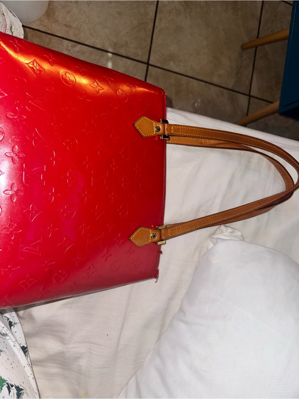 Red Patent Tote Bag with Tan Handles
